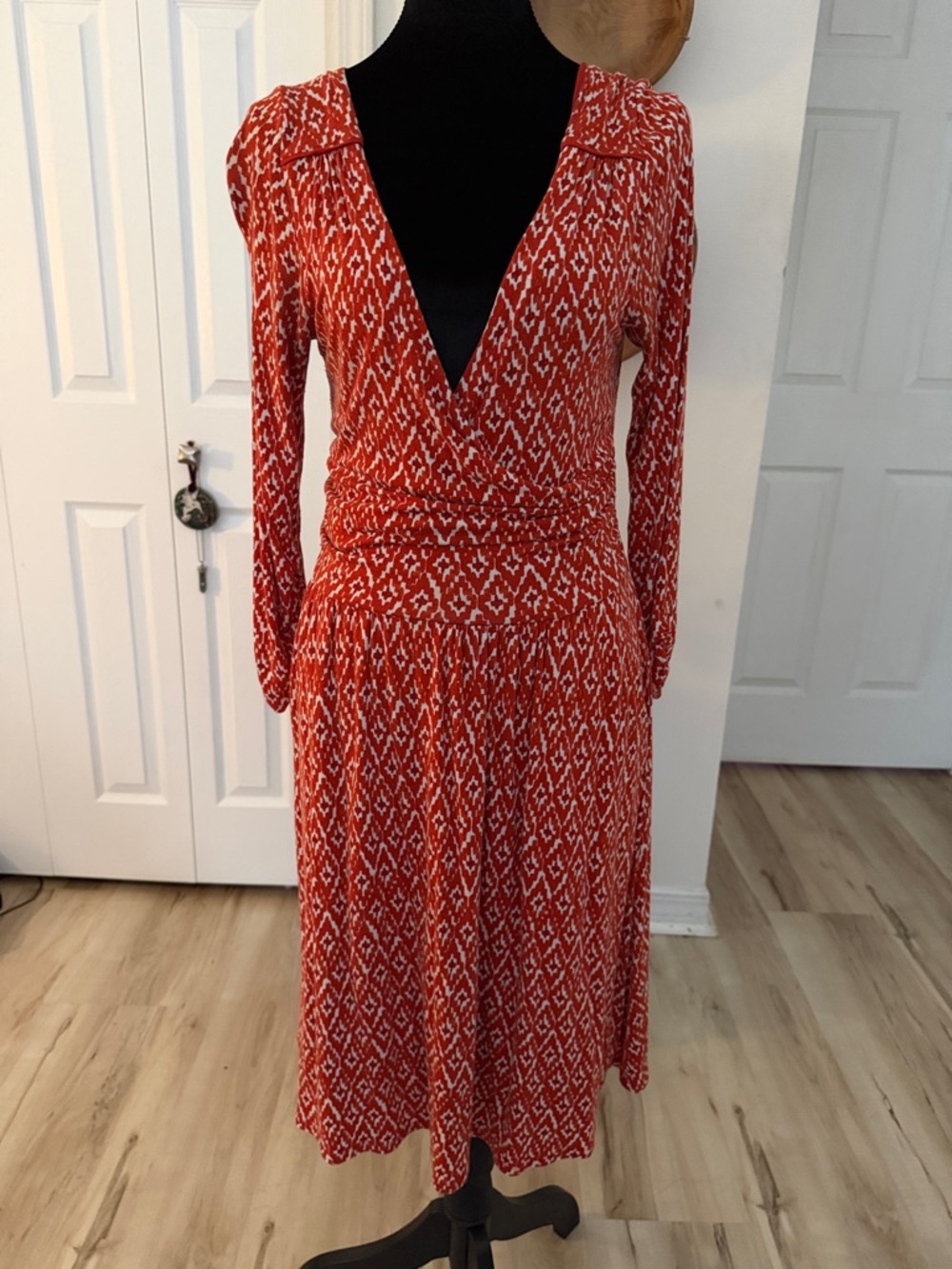 Maeve Red Patterned Long-Sleeve V-Neck Midi Dress